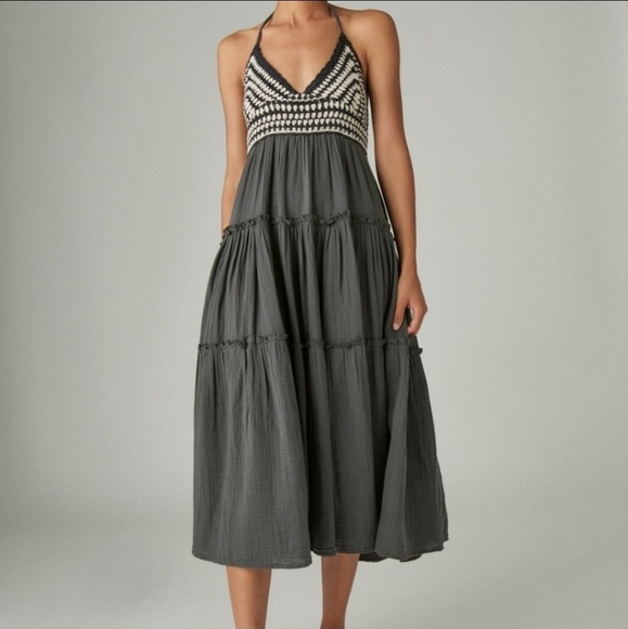 Lucky Brand Women's Cotton Crochet-Top Ruffle Tiered Maxi Dress Size S - Picture 1 of 7